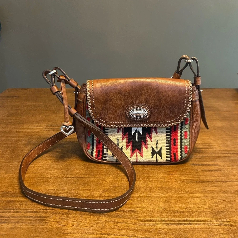 Brighton Vintage Colton Flap Saddle Bag Crossbody Aztec Brown Leather Purse - Picture 1 of 13